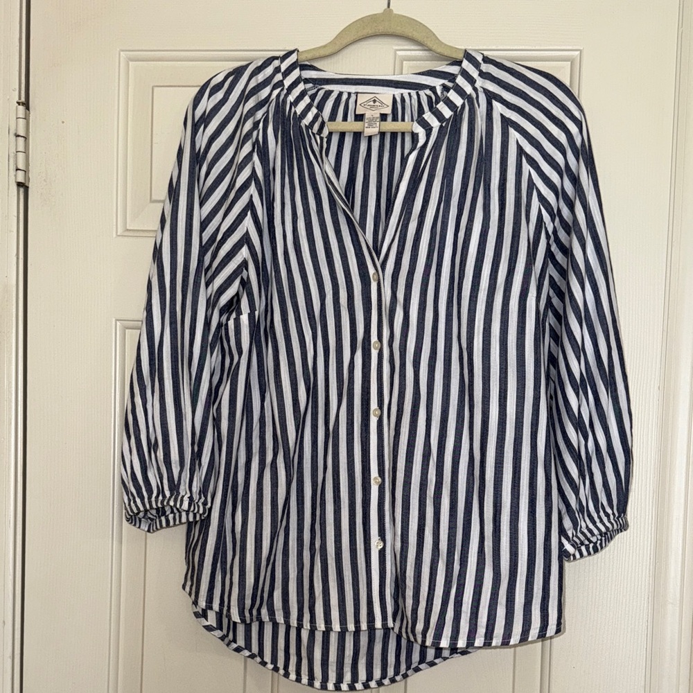 St. John's Bay Navy and White Striped Button Down Shirt